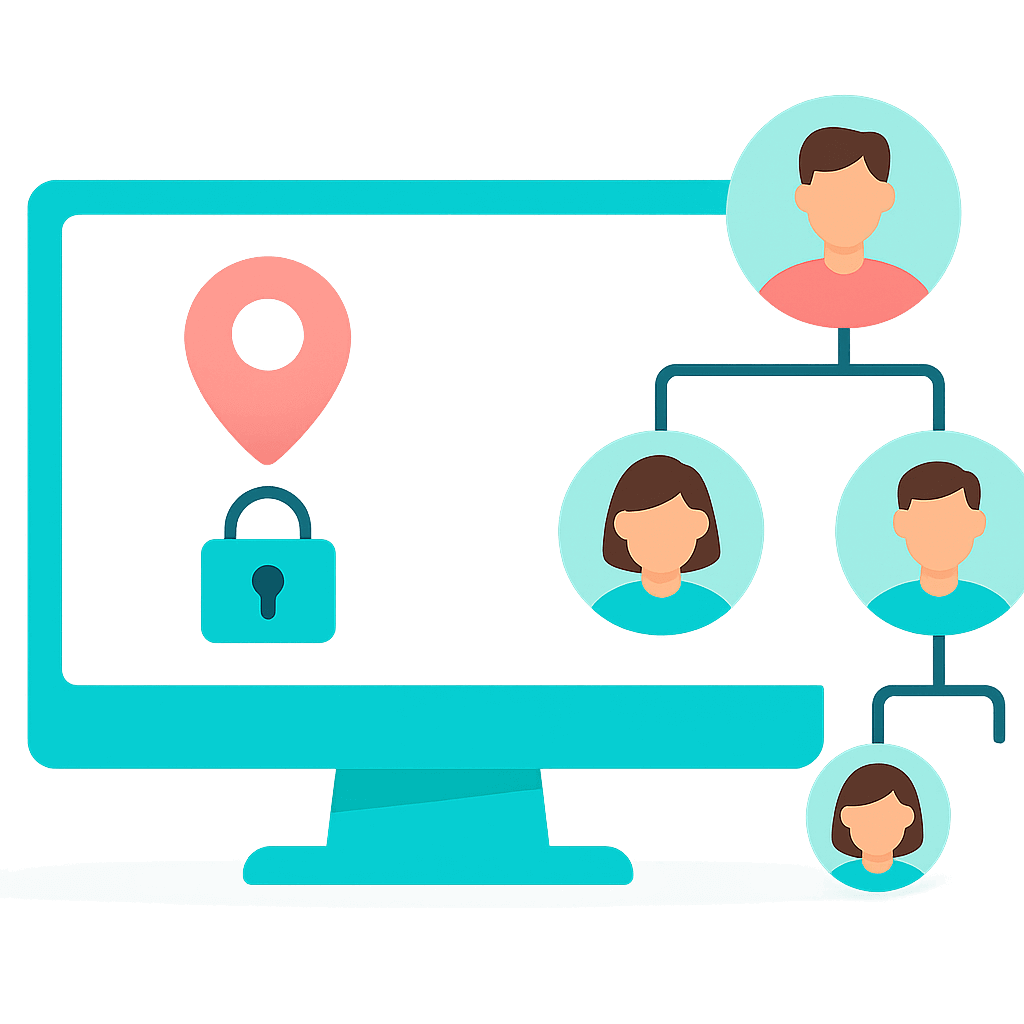 B2B ecommerce account hierarchy showing warehouse locations, user permissions, and access control in Comgem.