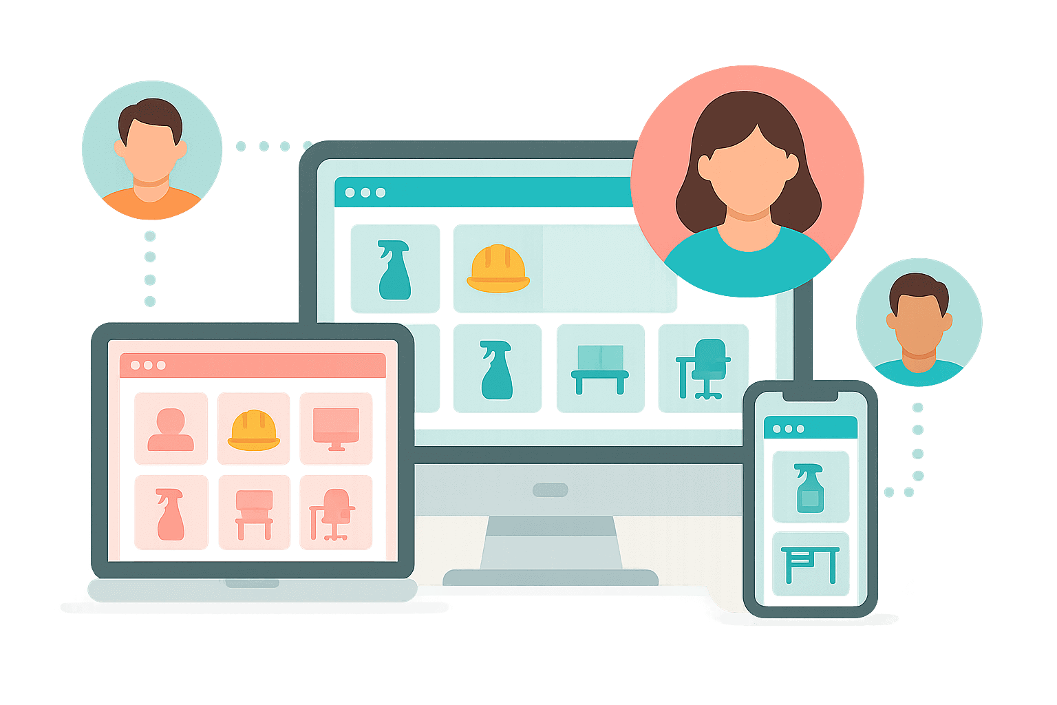 Illustration of a personalised B2B trade portal dashboard showing tailored products, pricing, and customer views on the Comgem ecommerce platform.