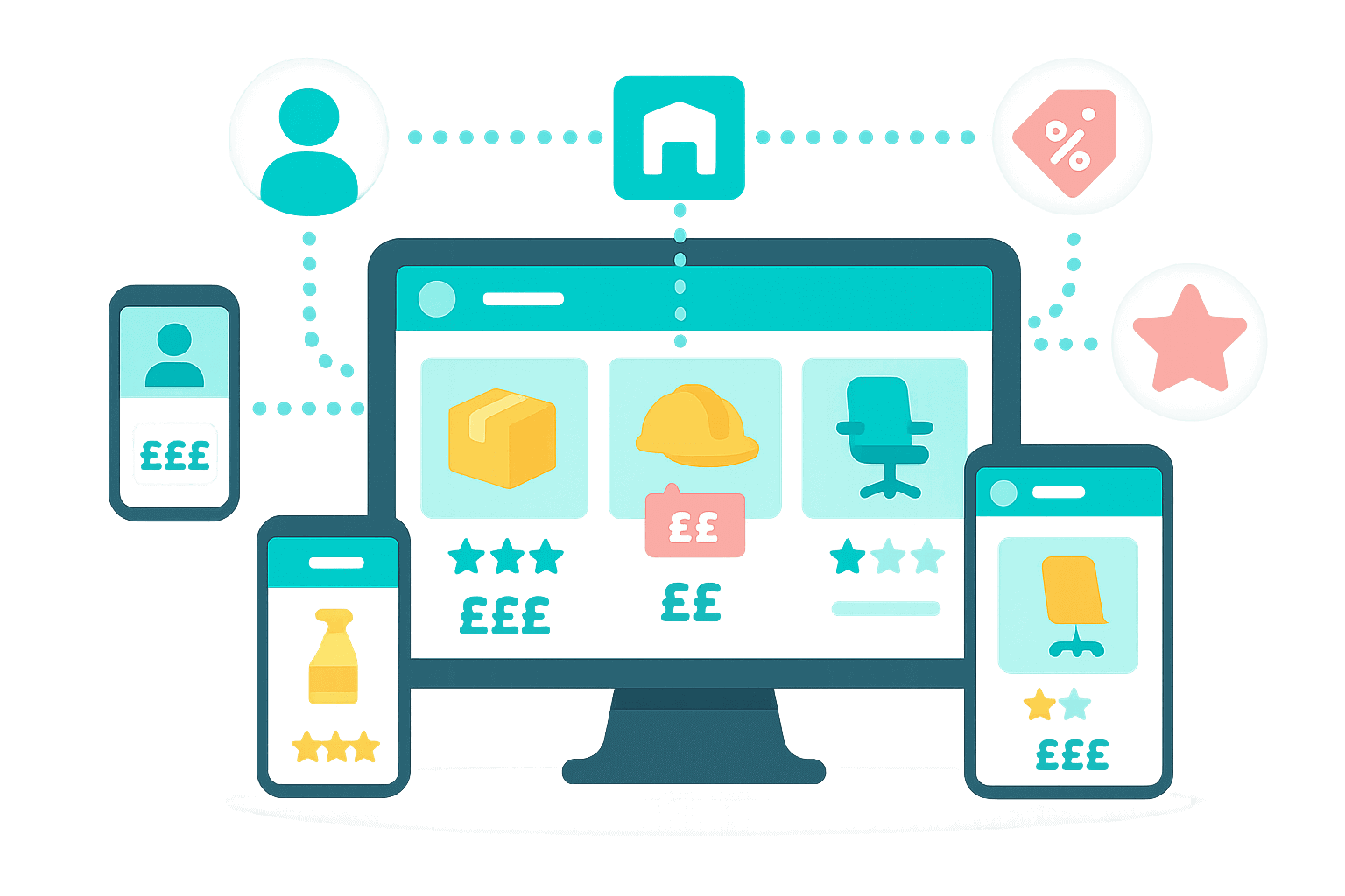 Different product and promotion layouts for unique B2B customer experiences in Comgem.